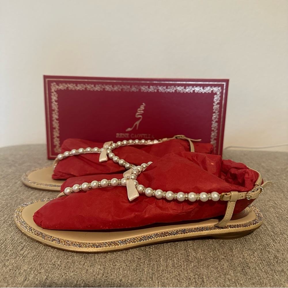 Rene Caovilla Champagne Kid Pearls Strass Evening Sandal Size 37.5 EUC Like New!